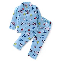 Babyhug Cotton Knit Full Sleeves Front Open Night Suit With Sports Print - Sky Blue