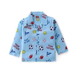 Babyhug Cotton Knit Full Sleeves Front Open Night Suit With Sports Print - Sky Blue