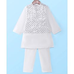 Babyhug Full Sleeves Solid Kurta Pyjama Set with Sequenced Embroidered Jacket - White & Silver