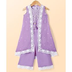 Babyhug Woven Sleeveless Sequinned Embroidered Top & Palazzo Set with Lace Detailed Shrug - Lavender
