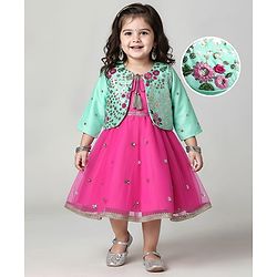Babyhug Woven Ethnic Dress with Three Fourth Sleeves Shrug & Sequin Detailing & Floral Embroidery - Dark Pink & Sea Green