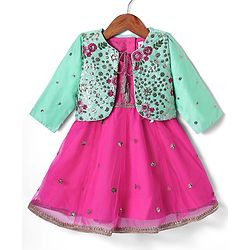 Babyhug Woven Ethnic Dress with Three Fourth Sleeves Shrug & Sequin Detailing & Floral Embroidery - Dark Pink & Sea Green