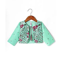 Babyhug Woven Ethnic Dress with Three Fourth Sleeves Shrug & Sequin Detailing & Floral Embroidery - Dark Pink & Sea Green