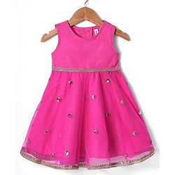Babyhug Woven Ethnic Dress with Three Fourth Sleeves Shrug & Sequin Detailing & Floral Embroidery - Dark Pink & Sea Green