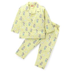 Babyhug Cotton Knit Full Sleeves Front Open Night Suit With Bunny & Bear Print - Yellow