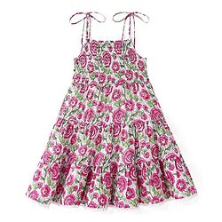 Babyhug Cambric Woven Sleeveless Floral Printed Ethnic Dress -  White