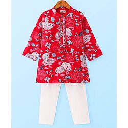 Babyhug Cambric Cotton Woven Full Sleeves Floral Print Kurta Pyjama Set - Red