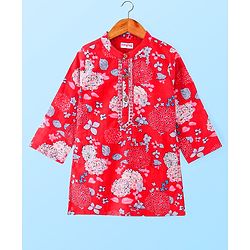 Babyhug Cambric Cotton Woven Full Sleeves Floral Print Kurta Pyjama Set - Red