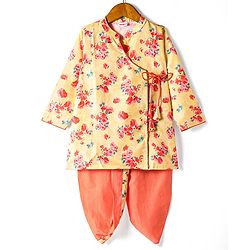 Babyhug Cambric Woven Full Sleeves Floral Printed Kurta Dhoti Set - Yellow & Orange