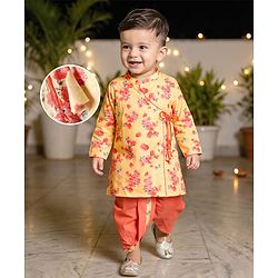 Babyhug Cambric Woven Full Sleeves Floral Printed Kurta Dhoti Set - Yellow & Orange