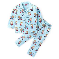 Babyhug Cotton Knit Full Sleeves Front Open Night Suit Bear Print - Sky Blue