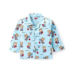 Babyhug Cotton Knit Full Sleeves Front Open Night Suit Bear Print - Sky Blue