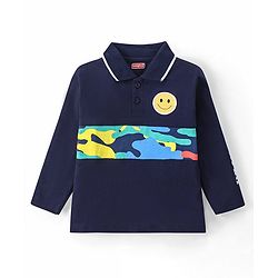 Babyhug Cotton Knit  Full Sleeves Polo T-Shirt with Smiley Print- Navy Blue