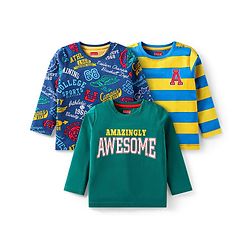 Babyhug Cotton Knit Full Sleeves T-Shirts With Text Graphics Pack of 3 - Green Blue & Yellow