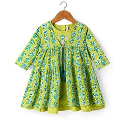 Babyhug Cotton Woven Tiered Frock with Three Fourth Sleeves Floral Printed Tie Up Shrug - Limegreen