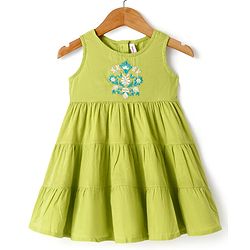 Babyhug Cotton Woven Tiered Frock with Three Fourth Sleeves Floral Printed Tie Up Shrug - Limegreen