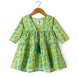 Babyhug Cotton Woven Tiered Frock with Three Fourth Sleeves Floral Printed Tie Up Shrug - Limegreen