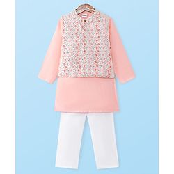 Babyhug Woven Kurta Pyjama Set With Sequin Embroidered Jacket - Coral