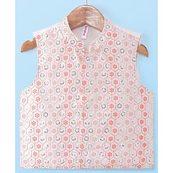 Babyhug Woven Kurta Pyjama Set With Sequin Embroidered Jacket - Coral