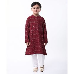 Babyhug Woven Full Sleeves Sequin Embroidered Kurta Pyjama Set - Maroon