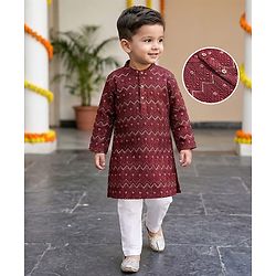 Babyhug Woven Full Sleeves Sequin Embroidered Kurta Pyjama Set - Maroon