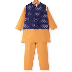 Babyhug Cotton Woven Full Sleeves Kurta & Pajama Set with Embroidered Jacket - Orange