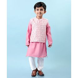 Babyhug Woven Full Sleeves Solid Kurta Pyjama Set with Sequin Embroidered Jacket - Pink