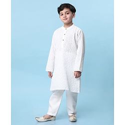 Babyhug Cotton Woven Full Sleeves Solid Embroidered Kurta Pyjama Set - White