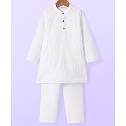 Babyhug Cotton Woven Full Sleeves Solid Embroidered Kurta Pyjama Set - White
