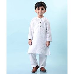 Babyhug Cotton Woven Full Sleeves Solid Embroidered Kurta Pyjama Set - White