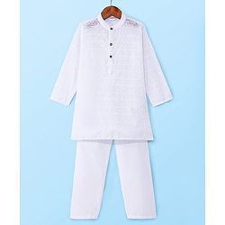 Babyhug Cotton Woven Full Sleeves Solid Embroidered Kurta Pyjama Set - White