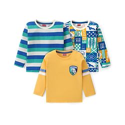 Babyhug Cotton Knit Full Sleeves T-Shirts with Striped & Text Print Pack of 3 - Yellow Green & Blue