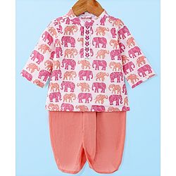 Babyhug Cotton Woven Full Sleeves  Kurta Dhoti Set  with Elephant Print - White & Pink
