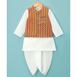 Babyhug Cotton Woven Full Sleeves Kurta Dhoti Set with Jacket & Aztec Design - White