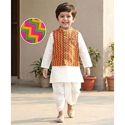 Babyhug Cotton Woven Full Sleeves Kurta Dhoti Set with Jacket & Aztec Design - White