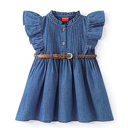 Babyhug Cotton Woven Frill Sleeves Solid Color Frock With Pintuck Detailing - Blue