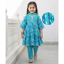Babyhug Cotton Woven Three Fourth Sleeves Kurti Salwar Set with Dupatta & Floral Print - Aqua Blue