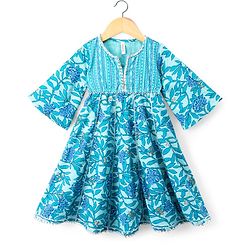 Babyhug Cotton Woven Three Fourth Sleeves Kurti Salwar Set with Dupatta & Floral Print - Aqua Blue