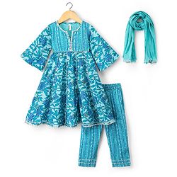 Babyhug Cotton Woven Three Fourth Sleeves Kurti Salwar Set with Dupatta & Floral Print - Aqua Blue