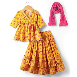 Babyhug Woven Three Fourth Sleeves Choli Lehenga Set & Dupatta With Floral Print & Lace Detailing - Yellow