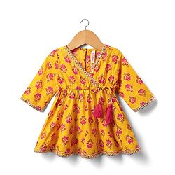 Babyhug Woven Three Fourth Sleeves Choli Lehenga Set & Dupatta With Floral Print & Lace Detailing - Yellow