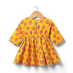 Babyhug Woven Three Fourth Sleeves Choli Lehenga Set & Dupatta With Floral Print & Lace Detailing - Yellow