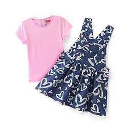 Babyhug Cotton Woven Half Sleeves T-Shirt & Frock With Heart Print - Pink & Navy Blue