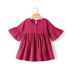 Babyhug Cotton Woven Three Fourth Bell Sleeves Floral Printed Dress - Fuschia