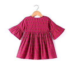 Babyhug Cotton Woven Three Fourth Bell Sleeves Floral Printed Dress - Fuschia