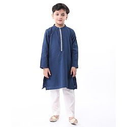 Babyhug Cotton Woven Cambric Full Sleeves Solid Kurta Pyjama Set  - Navy Blue