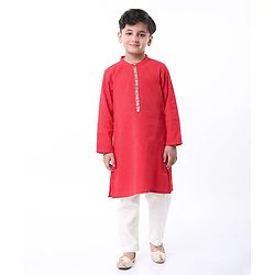 Babyhug Cambric Woven Solid Kurta Pyjama Set With Floral Embroidery - Red