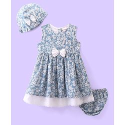 Babyhug Viscose Woven Sleeveless Frock With Bloomer & Cap With Floral Print & Lace Detailing -Blue
