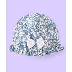 Babyhug Viscose Woven Sleeveless Frock With Bloomer & Cap With Floral Print & Lace Detailing -Blue