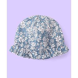 Babyhug Viscose Woven Sleeveless Frock With Bloomer & Cap With Floral Print & Lace Detailing -Blue